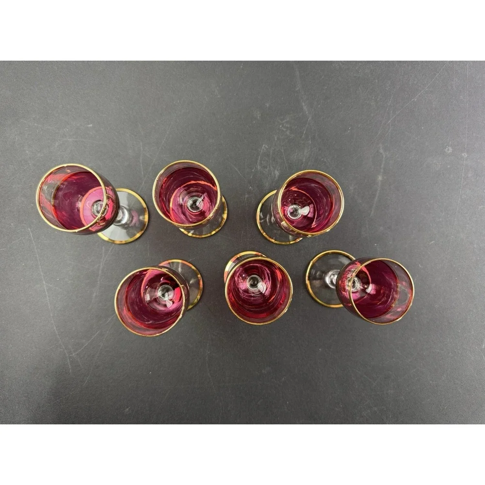Cranberry Glass Decanter and Matching Cordial Glasses Set 7-piece MCM‎